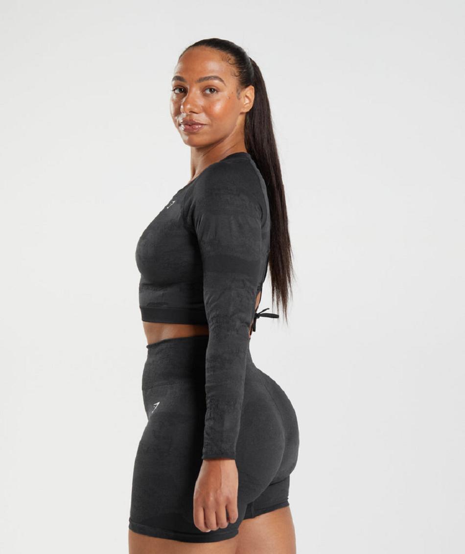 Gymshark Adapt Camo Seamless Lace Up Back Ženske Ošišane Majice Crne Crne Sive | HR 3735SGL